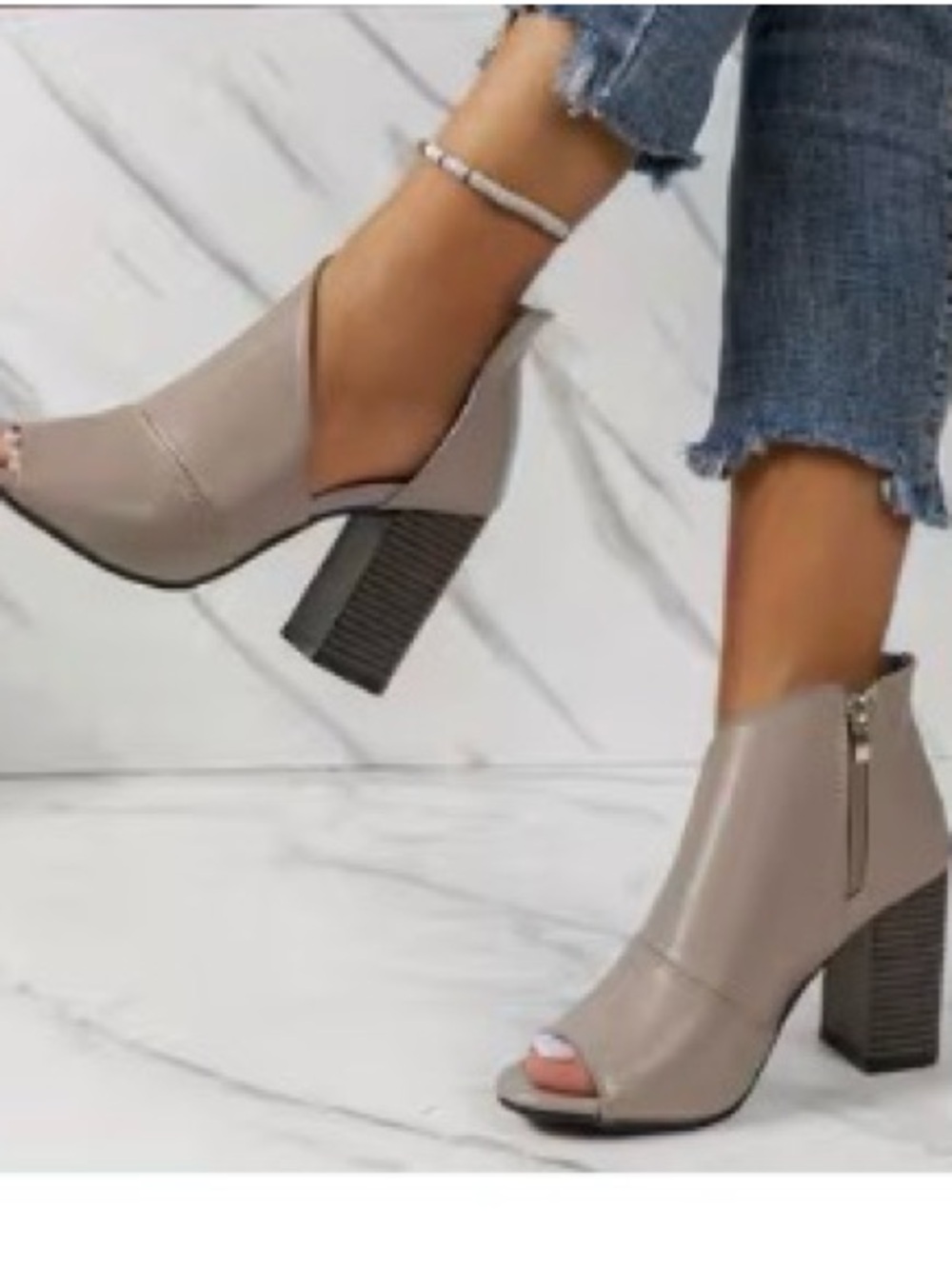 Taupe Peep-Toe Block Heel Ankle Boots - Women